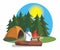 Camping. A summer camp for tourists, there is an orange tent among firs and pines, a bright bonfire burns.