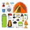 Camping supplies, tools and equipment set