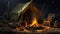 Camping tent and bonfire in forest at night, campfire in dark woods in summer. Fire burns near vintage cabin and expedition