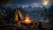 Camping tent and bonfire by river at night, campfire in dark forest on mountains background. Fire burns near expedition gear.