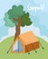 Camping tent field foliage trees nature cartoon