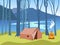 Camping. Tent in the forest, on the banks of the river. In minimalist style. Cartoon flat vector