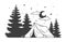 Camping tent in the forest. Night woods with crescent moon and stars. Forest silhouette background