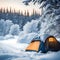 Camping tent in a heavy snow area - ai generated image
