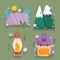 camping tent mountains backpack and lantern in cartoon style icons