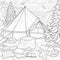Camping.Tent among mountains and firs.Landscape.Coloring book antistress for children and adults.