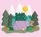 camping tent mountains trees forest nature in cartoon style design