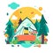 Camping in a tent in the open air. Summer holiday adventures in the tent. Cartoon vector illustration. label, sticker, t-shirt