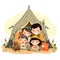 Camping in a tent in the open air. Summer holiday adventures in the tent. Cartoon vector illustration. label, sticker, t-shirt