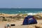 Camping tent on the shores of the Mediterranean Sea