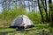 Camping tent on sunny grassland,