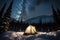 Camping tent under the night sky with stars and Milky Way in forest. Generative AI