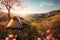 Camping Tent in a Valley with Beautiful Hills Mountains View Relaxing Holiday at Morning