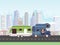 Camping trailer vector illustration. Car with caravan for camping in summer journey. Car camp trailer. RV with driver on