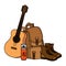 camping travel bag with guitar and boots