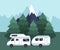 Camping travel landscape. Camping van on a camping site. Road trip concept. Flat vector
