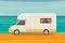 Camping on tropical beach. Summer travel, camper trailer vector illustration.