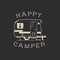 Camping typography badge illustration design. Outdoor travel logo graphic with RV van trailer and quote - Happy Camper