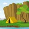 Camping Under the Cliff in Summer Day Vector Illustration
