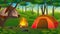 Camping Under the lush tree at night with different tent, lights campfire, and trees landscape