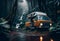 camping van in tropical rainforest during rain, travel, camping with a car. ai generative