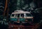 camping van in tropical rainforest during rain, travel, camping with a car. ai generative