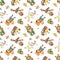 Camping watercolor seamless pattern with animals, fox, hedgehog, beaver, bear, rabbit on white background