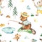 Camping watercolor seamless pattern with beaver fisherman, rabbit with butterfly net, butterflies, pond, fir trees on white