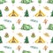 Camping watercolor seamless pattern with tent, fir tree, backpack, pointer, rug on white background