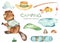 Camping watercolor set with cute beaver, fishing rod, pond, fish, hat, hill