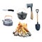 Camping watercolor set - kettle, ax, shovel, bonfire, cauldron