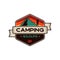 Camping Wildlife Badge. Mountain adventure emblem in retro colors style. Featuring mountains and hiker, camper man