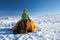 Camping during winter hiking in Carpathian mountains