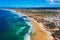 Campismo beach and Dunas beach and Island Baleal near Peniche on the shore of the Atlantic ocean in west coast of Portugal.