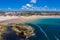 Campismo beach and Dunas beach and Island Baleal near Peniche on the shore of the Atlantic ocean in west coast of Portugal.