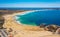 Campismo beach and Dunas beach and Island Baleal near Peniche on the shore of the Atlantic ocean in west coast of Portugal.