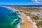 Campismo beach and Dunas beach and Island Baleal near Peniche on the shore of the Atlantic ocean in west coast of Portugal.