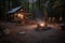 campsite with cozy cabin, lanterns and campfire for the ultimate retreat