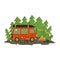 Campsite in the forest. Summer outdoor recreation. Campervan. Van life movement. Vector illustration in freehand drawn