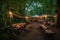campsite with hammocks, lanterns, and picnic for a relaxing night under the stars