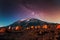 Campsite on Kilimanjaro mountain background under the Milky Way