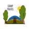 Campsite place in forest vector illustration. Camping landscape with tent. Summer nature outdoors camp place. National