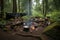 campsite setup with cooking gear and campfire surrounded by woods