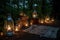 campsite setup with lanterns and candles, for a cozy nighttime atmosphere