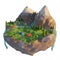 Campsite, a tent, bonfire near the river. Camping island low poly landscape with mountain. Summertime concept. 3d render