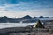 Campsite tents in Svalbard at glacier front tongue