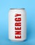 Can of energy drink on light blue background