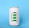 Can of energy drink with picture of fully charged battery on light blue background