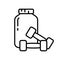 Can of sports nutrition and two dumbbells. Linear icon of muscle building protein whey. Black simple illustration. Contour