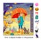 Can you find 8 objects hidden in the picture? Logic puzzle game for children and adults. Little girl walks with her dog on a rainy